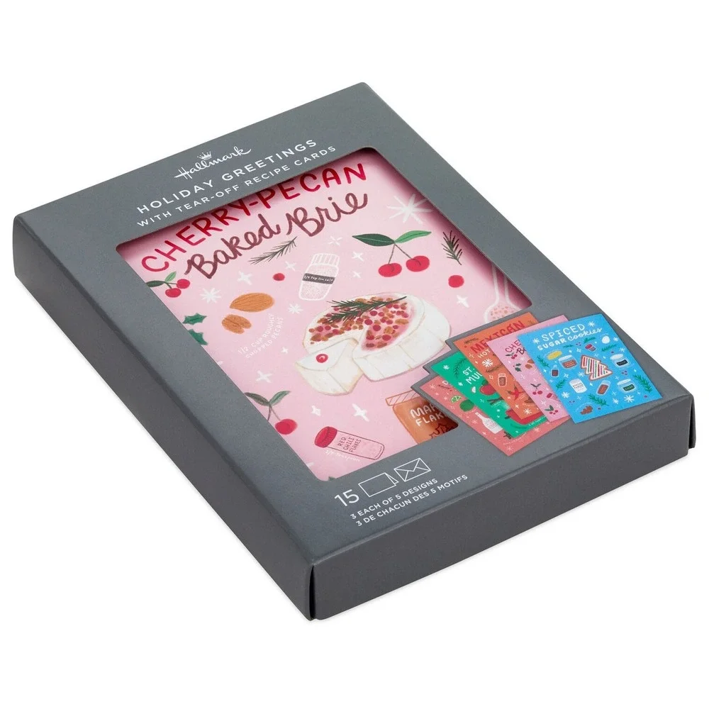Hallmark Boxed Christmas Cards 15 Cards & Envelopes w/Tear-Off recipe Cards~ New